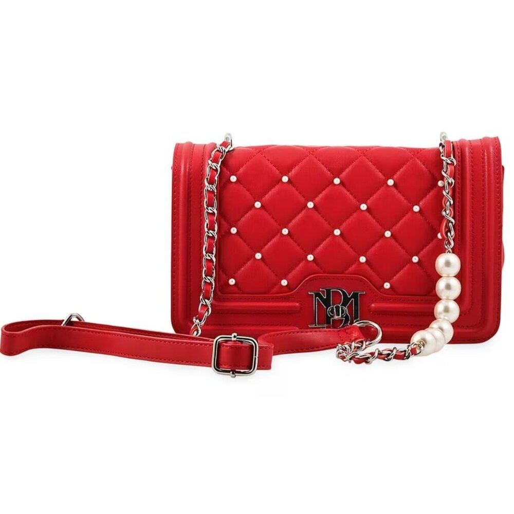 Badgley Mischka ✦ Red Quilted Pearl Crossbody Bag ✦ Vegan Leather Gold Hardware